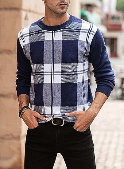 Mens Plaid Crewneck Sweaters Casual Soft Stretch Classic Fit Lightweight Knitted Sweater Pullover